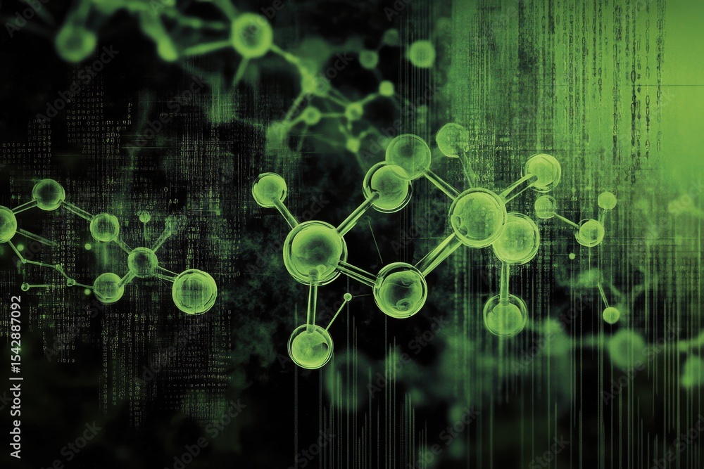 Poster molecular structures and green digital code showcase the intersection of technology and science, gre