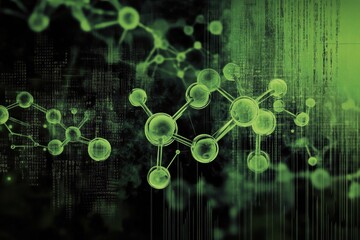 Molecular structures and green digital code showcase the intersection of technology and science, Green digital code and molecular structures over black background