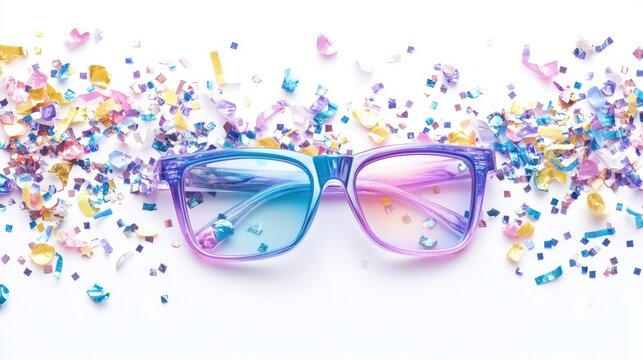 Vibrant Spectacle: Colorful eyeglasses rest amid a shower of confetti, creating a playful and festive scene, perfect for celebrating joy and color!