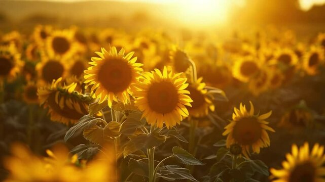 A field of vibrant sunflowers bathed in the warm glow of the setting sun. A beautiful natural landscape. The scene evokes feelings of warmth, joy and tranquility. 