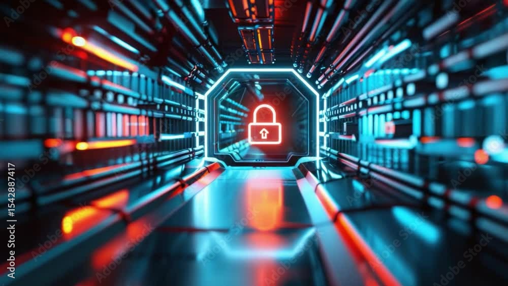 Poster futuristic digital tunnel with a glowing lock symbol, representing cyber security and data protectio