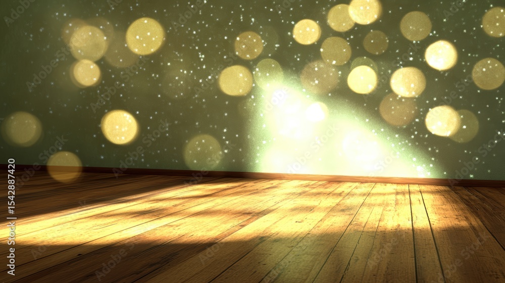 Poster bright blur bokeh light sparks glowing background reflections on wooden surface with empty space