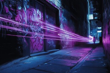 Glowing neon lights illuminate dark city streets with vibrant graffiti art at night, Dark city streets graffiti doors, glowing neon abstract light trails animated background