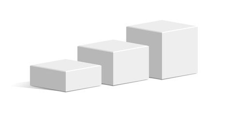Three White cube block podium stage pedestal and platform vector, a minimalist display element. Ideal for product showcases, presentations, awards, exhibitions, and modern design.
