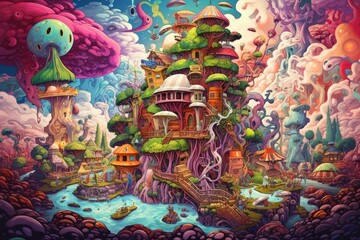 Obraz premium A whimsical, surreal landscape of a fantastical city nestled amongst towering trees.