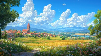 Naklejka premium A picturesque countryside scene with a charming village nestled in a valley.