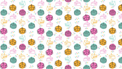 A repeating pattern of colorful cake slices and whole cakes with candles on a white background