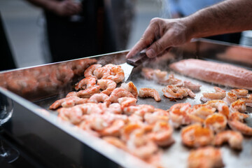 Grilled Salmon and Shrimp on Plancha – Healthy Seafood Dish