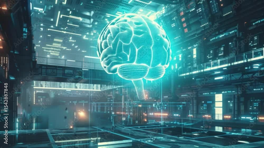 Poster futuristic technology design featuring a glowing brain, representing artificial intelligence, deep l