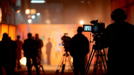 Fototapeta premium Camera operator filming a live event on a stage with lights and crew