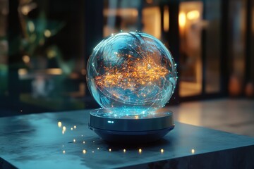 Futuristic particle wave object floating in a modern environment at twilight, Futuristic video with particle wave object in slow motion