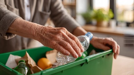 Senior hands placing plastic bottle into green recycling bin at home