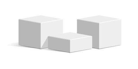 Three White cube block podium stage pedestal and platform vector, a minimalist display element. Ideal for product showcases, presentations, awards, exhibitions, and modern design.