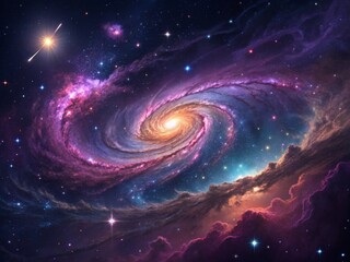 Bright galaxy and nebula illuminate the abstract dark sky of the universe with shining stars and distant planets