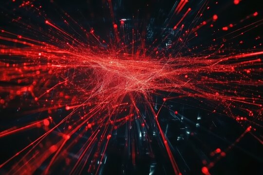 Abstract red light trail emanating from a central point in dark surroundings, 4K 3d - Close-up of abstract red light trail against black background