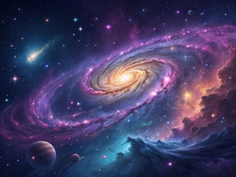 Bright galaxy and nebula illuminate the abstract dark sky of the universe with shining stars and distant planets