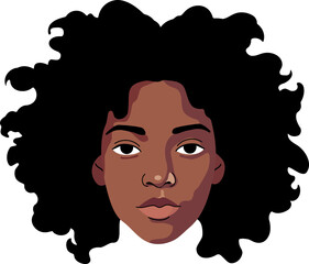 Illustration of African American teenager face with curly hair. Diversity and beauty concept. For hair salon design, teen cultures.