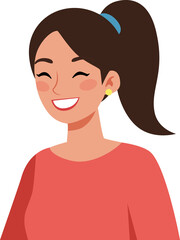 Happy woman with dark hair in a ponytail and a coral shirt is smiling, portraying positive emotion and human feeling for design element.