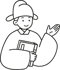 Line-drawing men in traditional Korean clothes for coloring