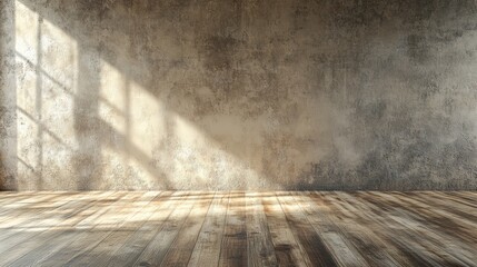 Empty rustic wooden floorboard room with weathered concrete wall and natural sunlight shadows