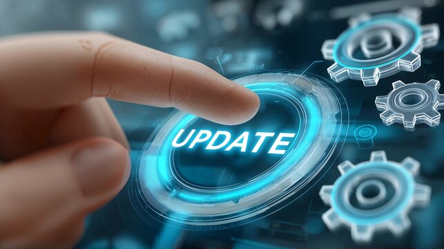 Finger pressing glowing update button on digital interface