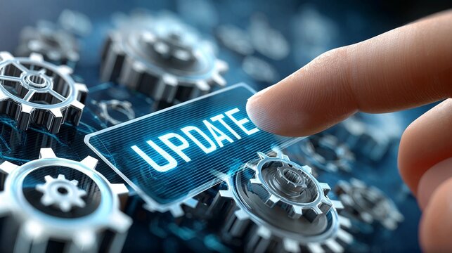 Finger pressing glowing update button on digital screen with gears