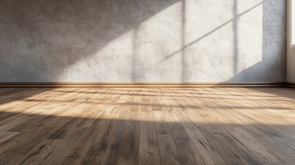 Brightly lit empty room with wooden floor and textured wall casting shadows through large
