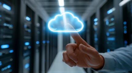 Businessman's hand pointing at glowing cloud icon in futuristic data center