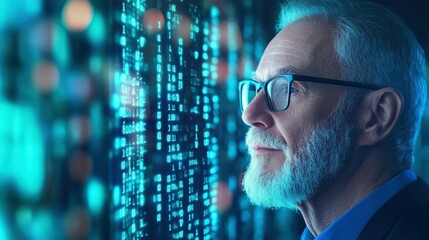 Naklejka na ściany i meble Vision of the future: A wise elder with eyeglasses stands thoughtfully, gazing at a holographic display of code, representing advanced technology.