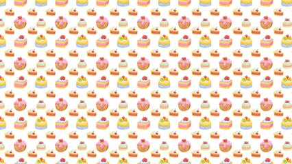Seamless pattern of watercolor cakes and slices on a white background in a repeating design