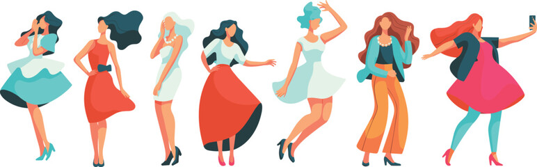 Diverse group of confident and stylish women posing, dancing, and taking selfies, celebrating body positivity, friendship, and individuality.