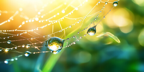 Abstract macro of dew on spider web in bright nature background with morning colors
