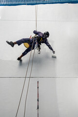 Real life worker labour painter construction worker climbing up hanging on wall painting the...