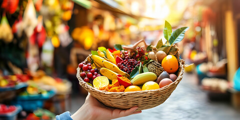 Colorful assortment of fruits and vegetables in a basket at a vibrant outdoor market, healthy lifestyle