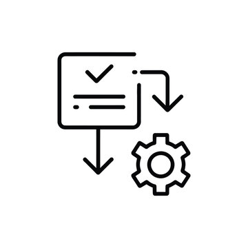 Square icon with checkmark gear and arrow on white background

