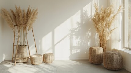 Minimalist interior design with natural decor elements including pampas grass and woven baskets in bright sunlight