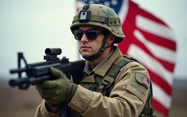 Soldier holding machine gun with national flag. High quality