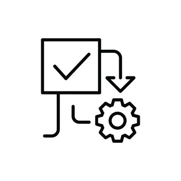 Minimalist Flat Icon with Checkmark, Arrow, and Gear Outline, Vector Business Illustration