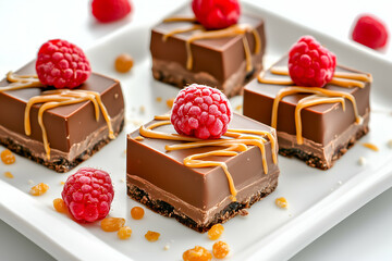 Chocolate and caramel layered pastry squares with fresh raspberries, luxury dessert, appetizing food photography