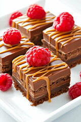 Chocolate layered dessert bars with caramel drizzle and fresh raspberries, gourmet sweet treat, close-up on white plate