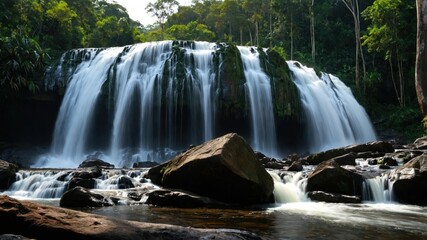 Obraz premium Cascading waterfall in a lush rainforest.