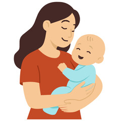 Woman holding a cute baby in her arms. Pregnancy and breastfeeding concept. Mother and child in warm clothes. Mother's day, vector illustration with floral botanical leaf ornament in cartoon style.