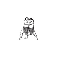 Fototapeta premium Two sumo wrestlers in traditional mawashi ready to start a match
