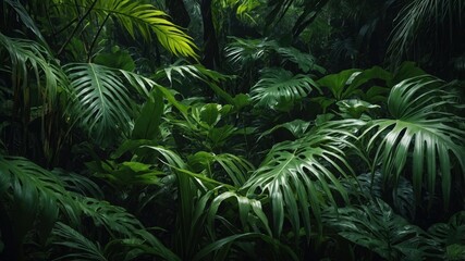 Lush tropical foliage in dense jungle.