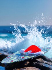 Santa hat on a surfboard at the beach
