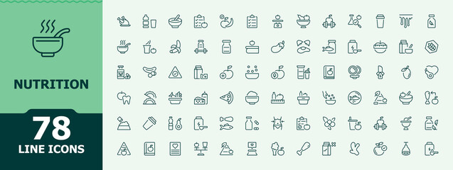 Nutrition icon set. Minimalist linear icons. Editable vector. Health line icon set. Contains such icons as supplement, food, health, metabolism, healthy and more.