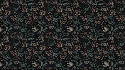 A dark background filled with outlined cupcakes in a seamless repeating pattern design with toppings