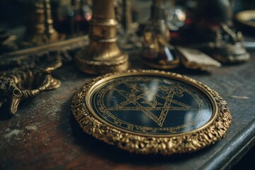 Ornate golden frame holds a dark occult symbol.