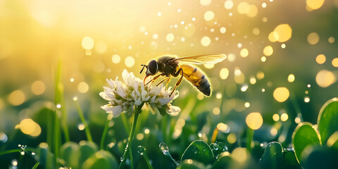 Macro shot of honey bee pollinating white flower in morning dew, vibrant bokeh background