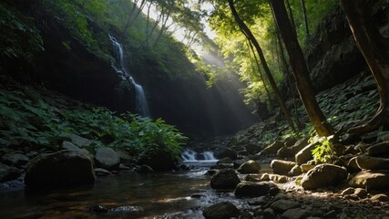 Sunlight streams through a lush forest to a tranquil waterfall.